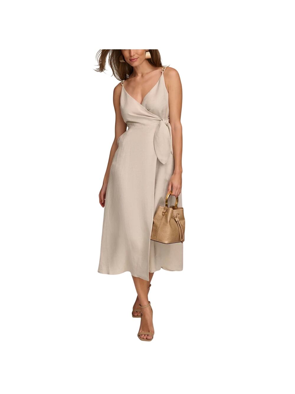 Donna Karan Beige Wrap Dress Linen Blend Sleeveless A-Line Midi Size 12